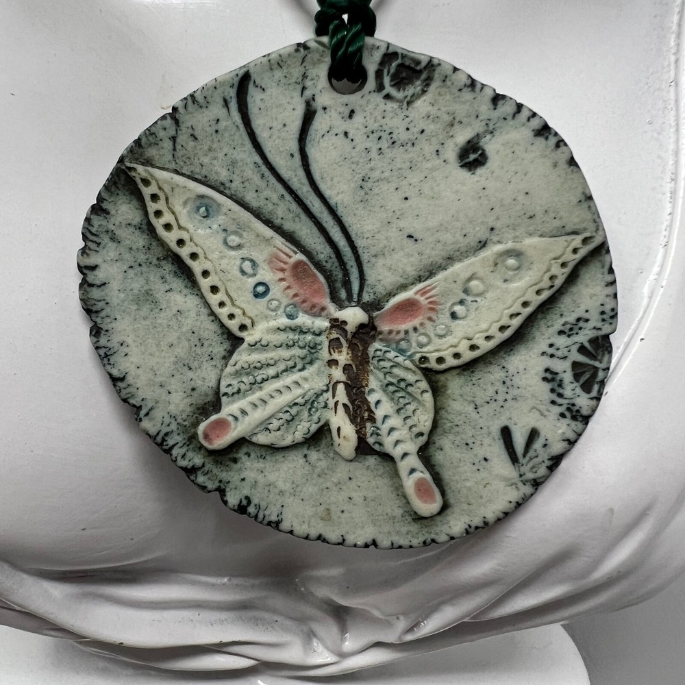 EC Brinkman Butterfly Pendant Green Cord‎ Necklace Clay Artisan